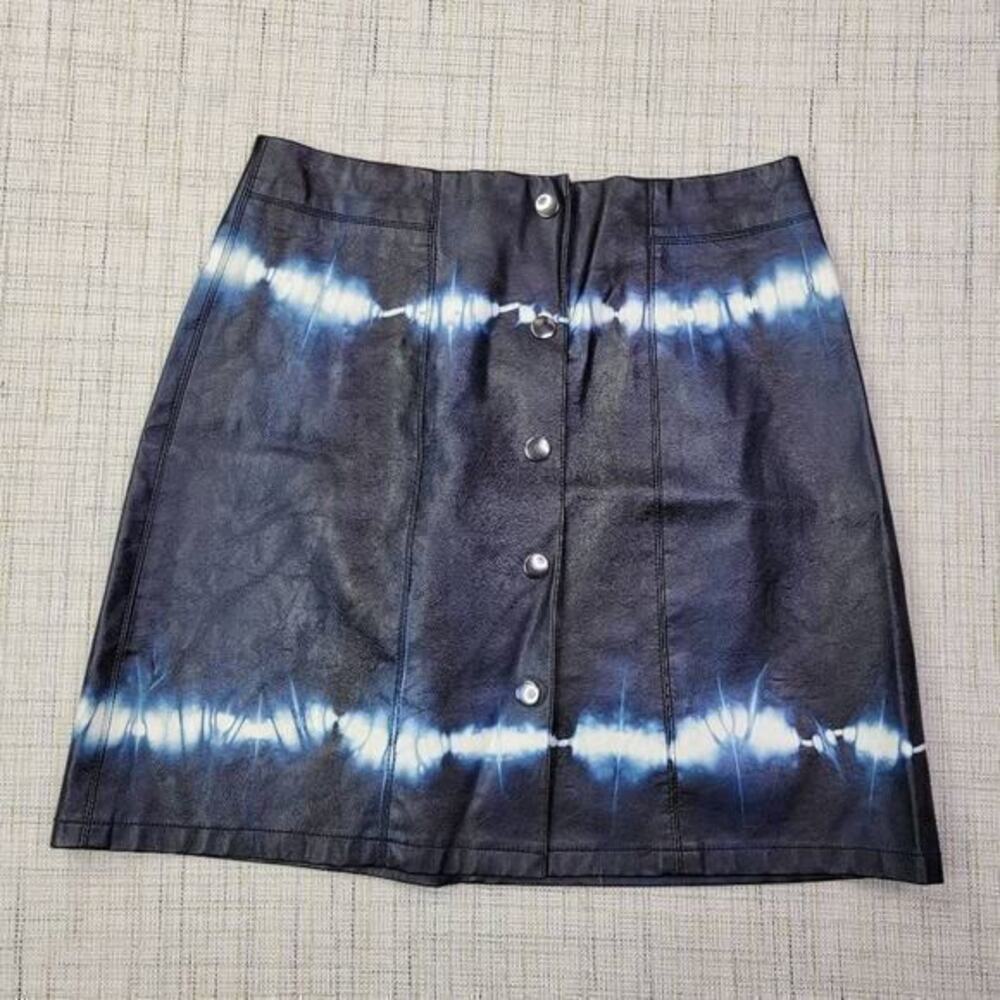 Zara Mini Skirt Faux Leather Tie Dye Button Front Black Blue‎ Size Small
